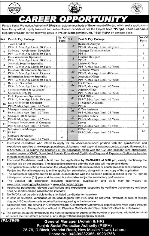 Jobs in Punjab Social Protection Authority Lahore